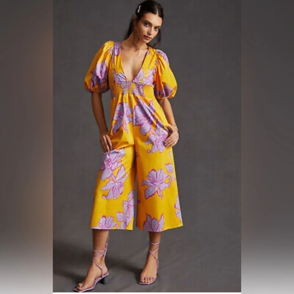 Anthropologie Hutch Yellow Floral Jumpsuit with Purple Accents - Picture 2 of 9